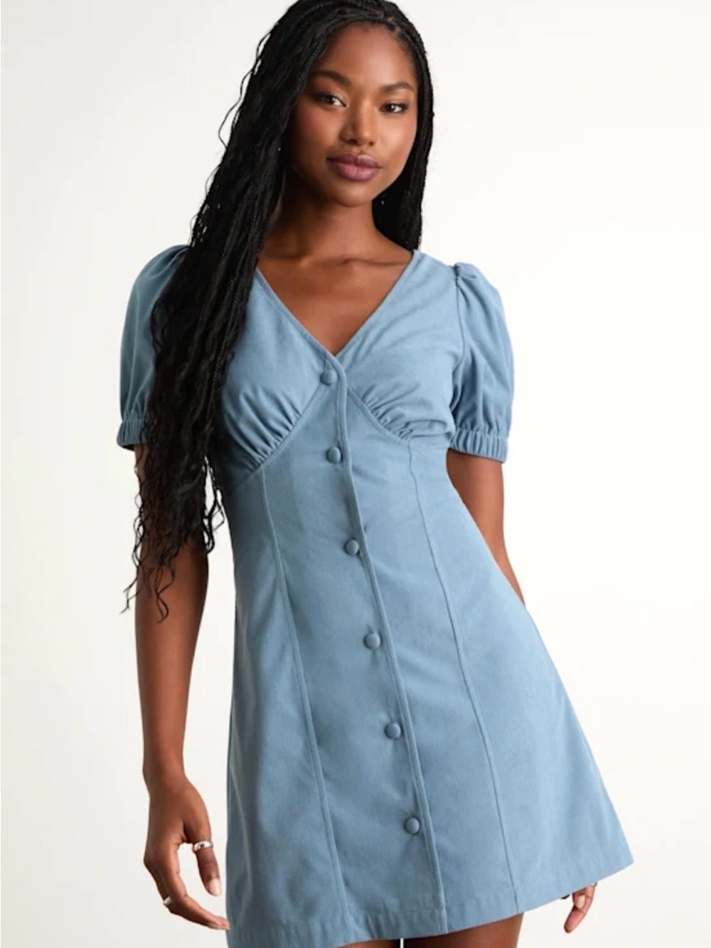 Lulu's Dusty Blue Puff-Sleeve Button-Front Midi Dress